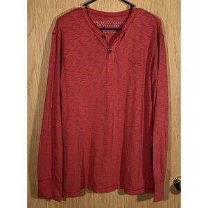 American Eagle Outfitters Athletic Fit Long Sleeve Red Henley Shirt Logo Men's L